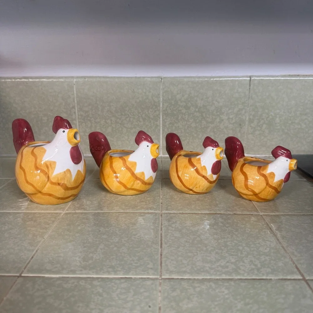 Ceramic Rooster Measuring Cups Set of 4 Farmhouse Kitchen Decor Yellow Red